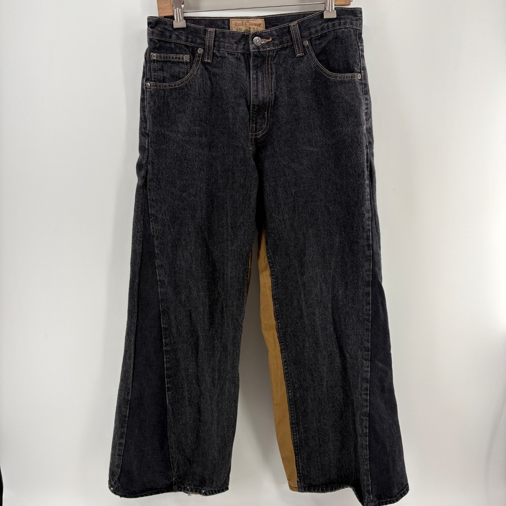 Vintage Red Camel Jeans 34x30 Wide Leg Black Wash Contrast Panel Y2K